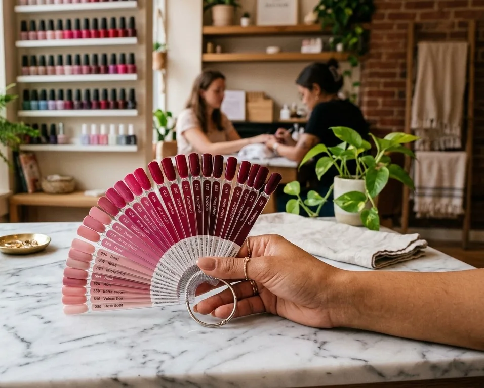 Carta de colores de esmaltes en tonos rosados, mostrada en un salón de uñas