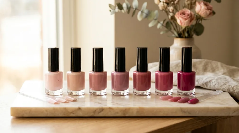 Esmaltes en tonos rosados junto a flores